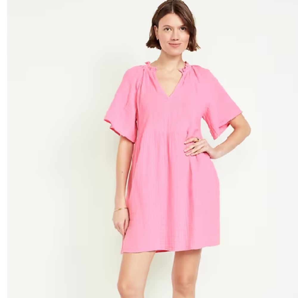Old Navy Split-Neck Crinkle Gauze Mini Swing Dress – Size Medium – Valentine Pin